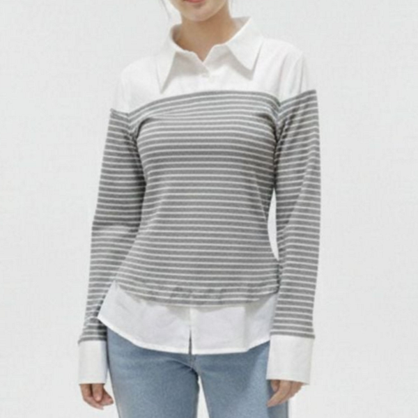 베이직 여성 카라 티셔츠 레이어드 여성 스트라이프 티셔츠 루즈핏 - 상품 이미지