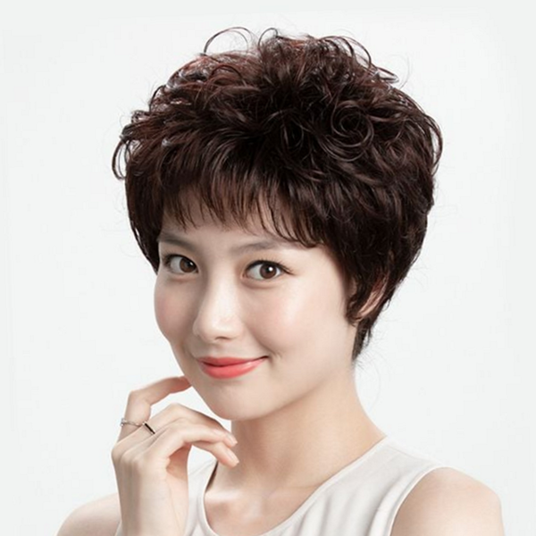인모 정수리 가발 앞머리 여성 부분 가발 짧은 파마 - 상품 이미지