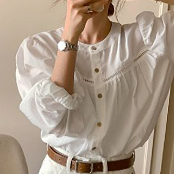 루즈핏 퍼프 셔츠 데일리 여성 라운드 블라우스 소매 - 상품 이미지