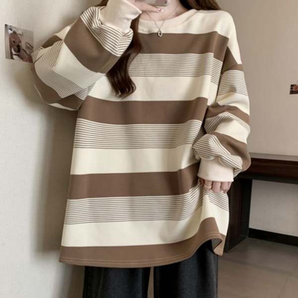 루즈핏 여성 스트라이프 티셔츠 라운드 여성 박시핏 티셔츠 캐주얼 데일리 - 상품 이미지