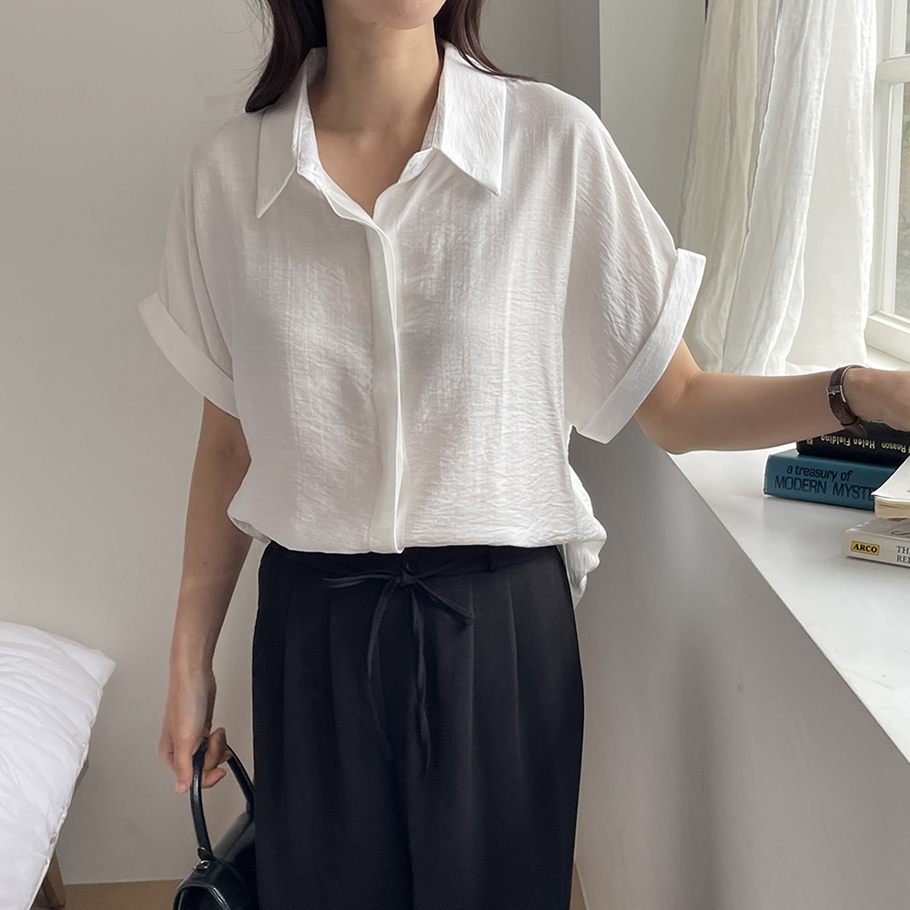 여성 여름 반팔 여자 롤업 셔츠 시원한 루즈핏 남방 데일리 캐주얼룩 코디 화이트 블랙 - 상세 이미지 2