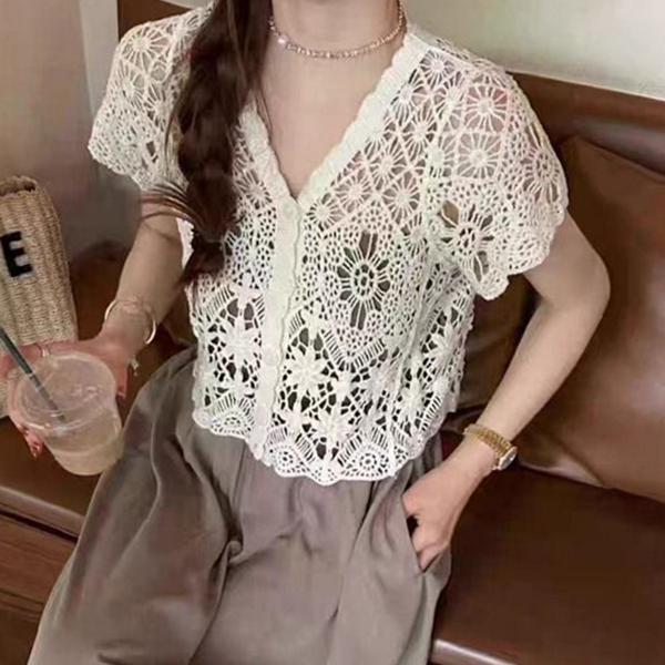브이넥 여성 크로쉐 가디건 시스루 여성 여름 가디건 뜨개 반팔 - 상품 이미지