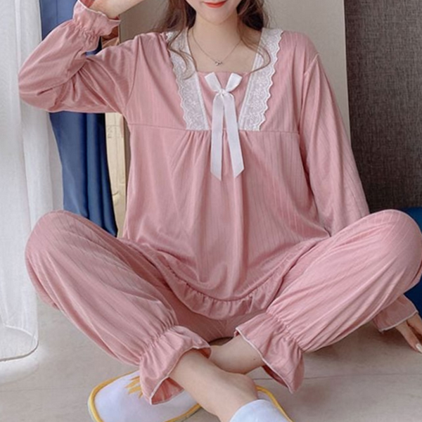 레이스 여성 잠옷 파자마 여성 잠옷 상하의 실내복 밴딩 - 상품 이미지