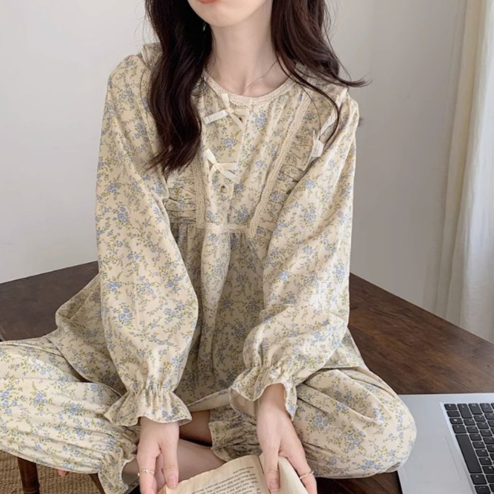 꽃무늬파자마 꽃무늬잠옷 여성스러운잠옷 사계절 봄가을 - 상품 이미지