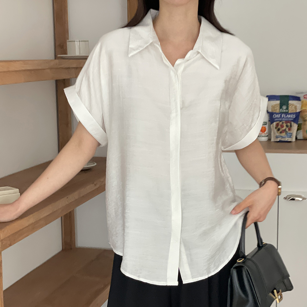 여성 여름 반팔 여자 롤업 셔츠 시원한 루즈핏 남방 데일리 캐주얼룩 코디 화이트 블랙 - 상세 이미지 3