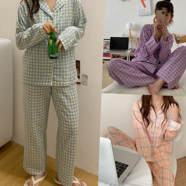 루즈핏 여성 잠옷 데일리 파자마 투피스 체크 사계절 - 상품 이미지