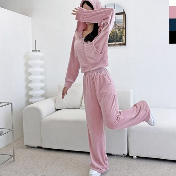 크롭 여성 벨벳 트레이닝 와이드 여성 벨로아 후드 상하복 투피스 - 상품 이미지