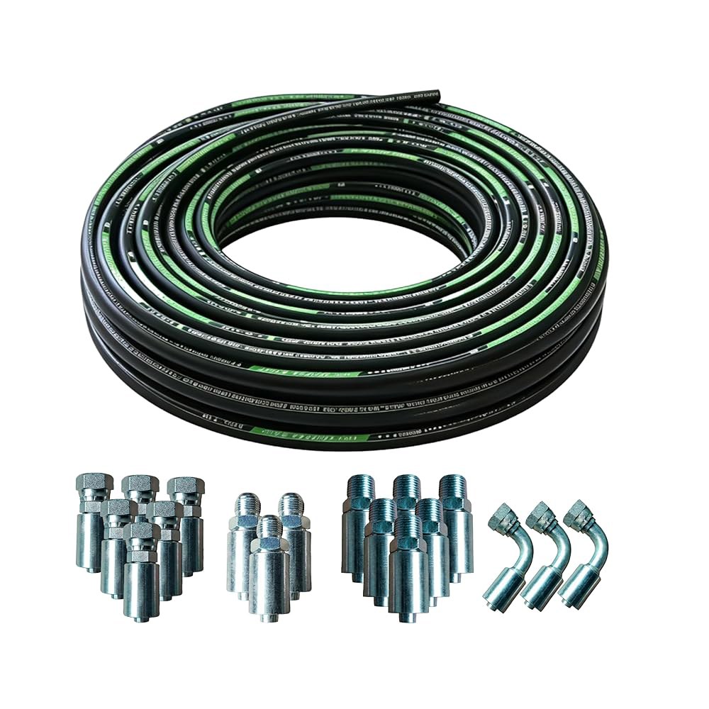 20피트 1/4인치 유압 호스(EN853 SAE 100R2AT -70MPA / 10150PSI, 2층 스틸 브레이드), 중장비 산업용 오일 호스 및 피팅 포함 - 상품 이미지