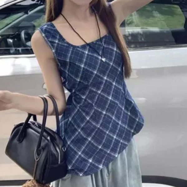 데일리 여성 민소매 블라우스 캐주얼 여성 체크 블라우스 여름 바캉스 - 상품 이미지