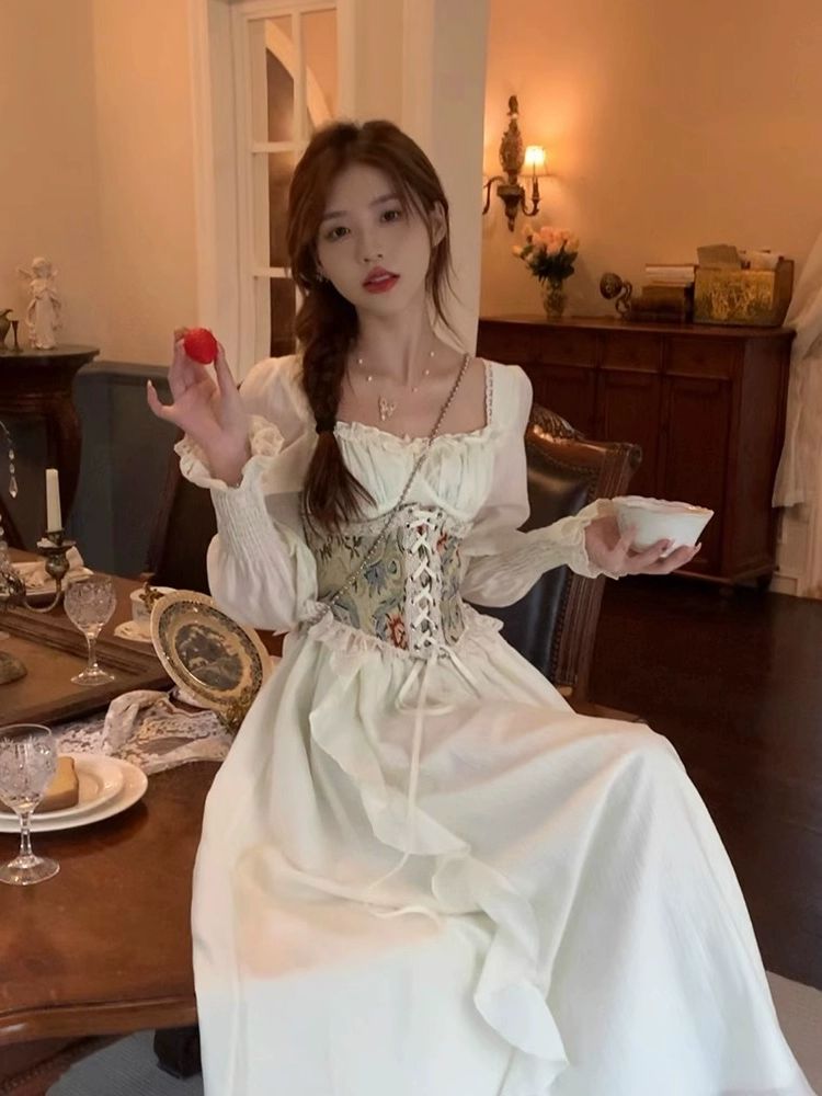 빈티지 드레스 공주풍 레이스 긴팔 허리 의상 경성 라인 복고풍 여름 컨셉 경성의복 - 상세 이미지 3