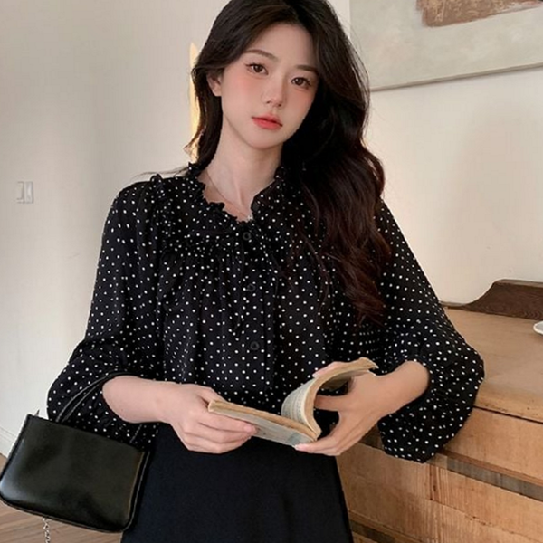 루즈핏 여성 블라우스 도트무늬 블라우스 프릴 나그랑 - 상품 이미지