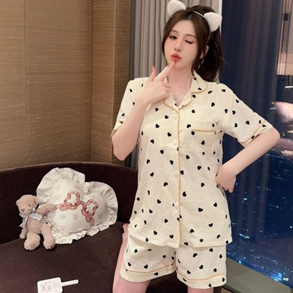 귀여운 여성 반팔 파자마 이지웨어 여성 파자마 실내복 상하의 여름 - 상품 이미지