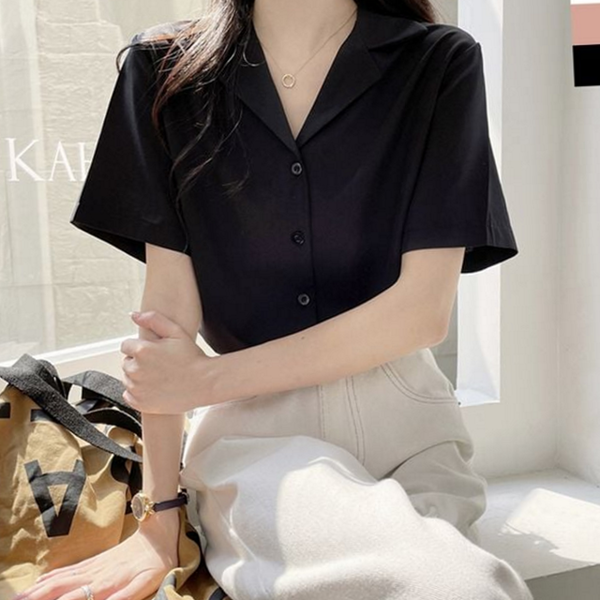 데일리 여성 카라 블라우스 루즈핏 반팔 블라우스 오피스 여름 - 상품 이미지