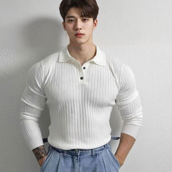 머슬핏 남성 골지 카라 티 스판 슬림 - 상품 이미지