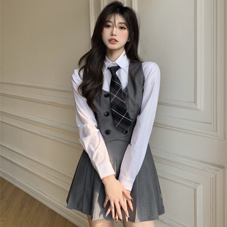 프레피룩 졸업사진컨셉 영국교복 스쿨룩 하이틴 여학생 단정한 크롭 더블버튼 브이넥 베스트 - 상세 이미지 2