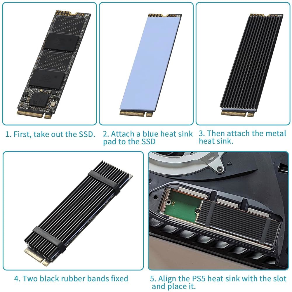 엘루텡 M.2 SSD 히트싱크 4PCS 2280 히트싱크, NVMe 써멀 패드 PC /PS5 PCIE 또는 SATA SSD용 블랙 고무 스트랩 8개 포함 Aluminum 4Pcs - 상세 이미지 2