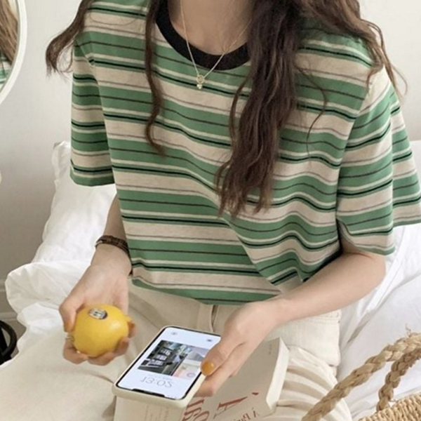 루즈핏 여성 단가라 티셔츠 라운드 여성 스트라이프 데일리 반팔 - 상품 이미지