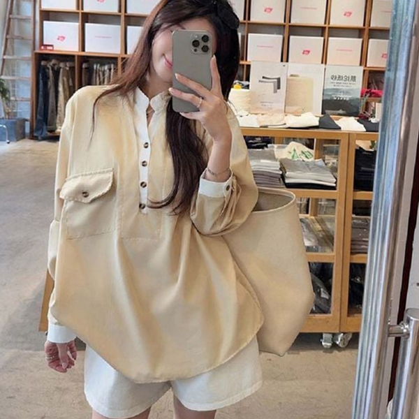루즈핏 여성 카라 티셔츠 데일리 여성 레이어드 티셔츠 반오픈 - 상품 이미지