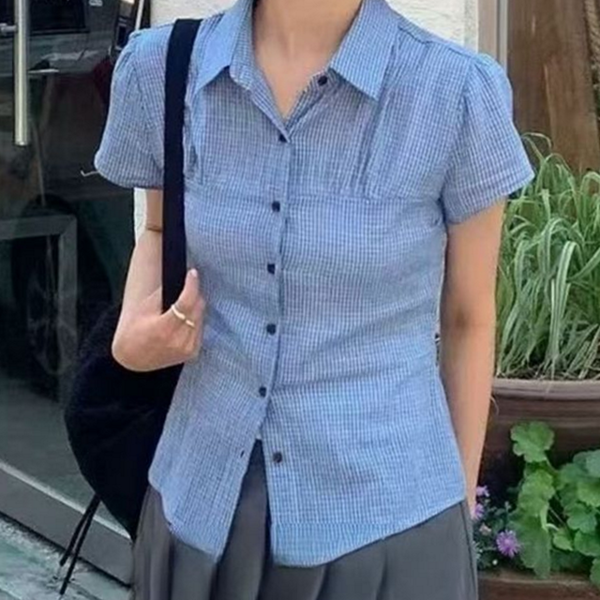 슬림 여성 체크 셔츠 크롭 반팔 셔츠 데일리 여름 - 상품 이미지
