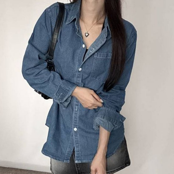 루즈핏 여성 데님 셔츠 캐주얼 여성 긴 팔 셔츠 데일리 - 상품 이미지