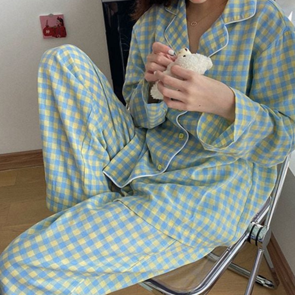 데일리 여성 잠옷 라운지 여성 파자마 세트 여름 체크 - 상품 이미지