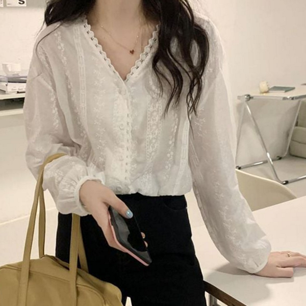 데일리 여성 블라우스 시스루 레이스 블라우스 루즈핏 펀칭 여름 - 상품 이미지
