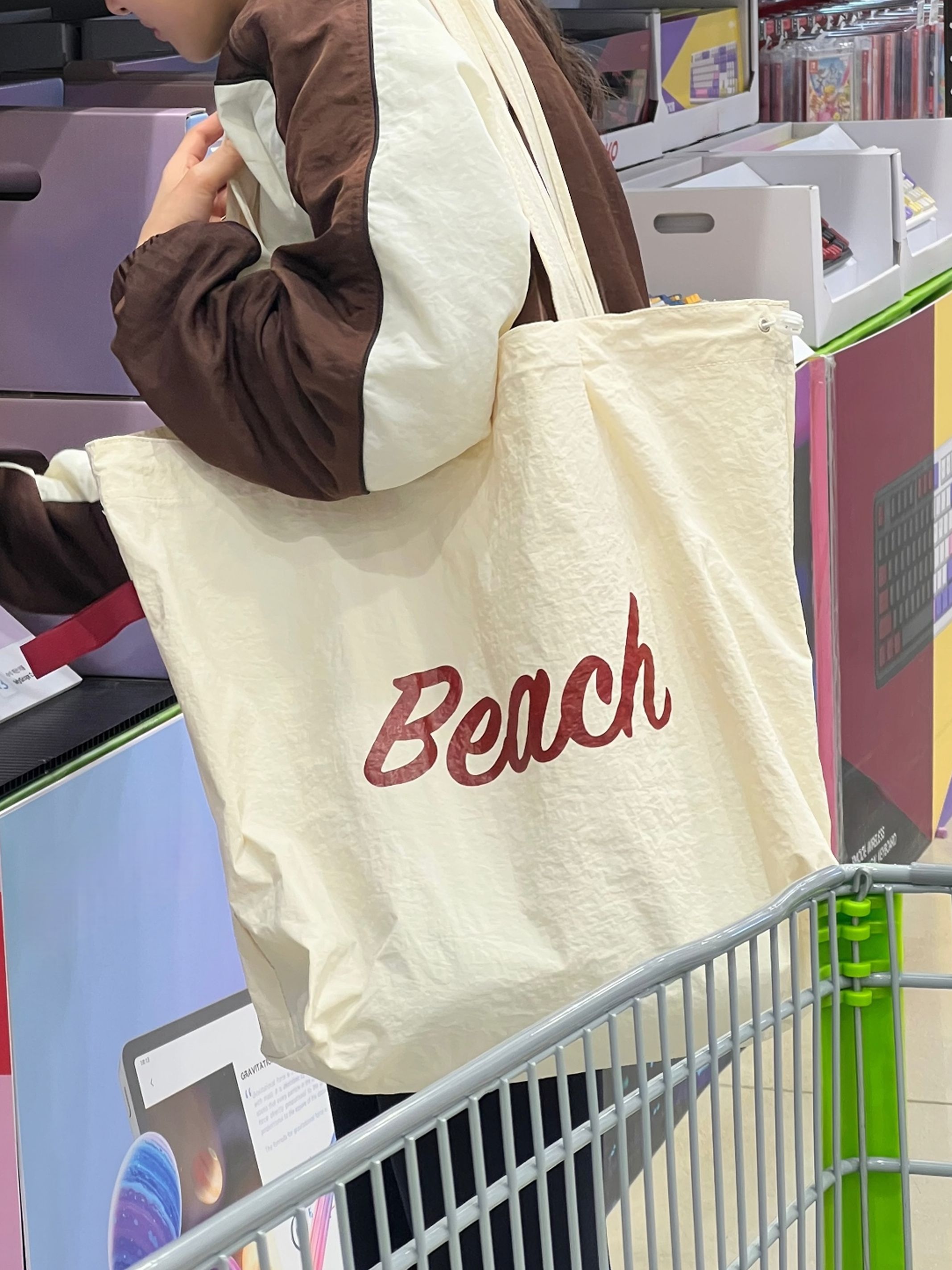 바스락 비치백 배색 컬러 레터링 보부상가방 에코숄더백 휴대용돌돌 이미지 7