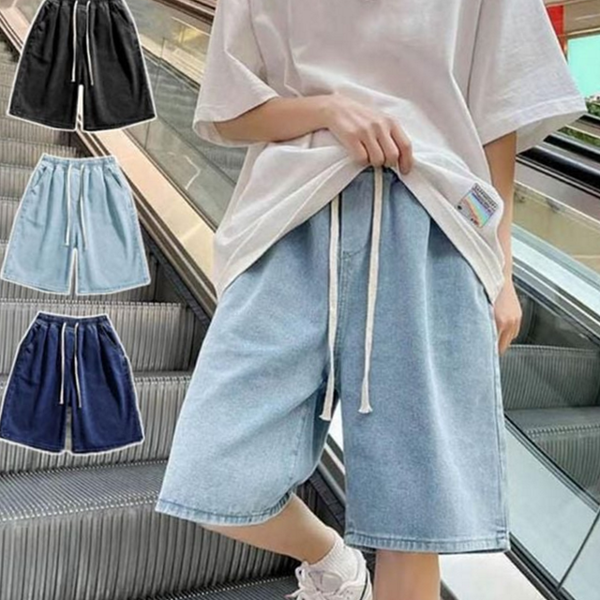 데일리 남성 데님 반바지 트렌디 와이드 반바지 여름 무릎 밴딩 - 상품 이미지