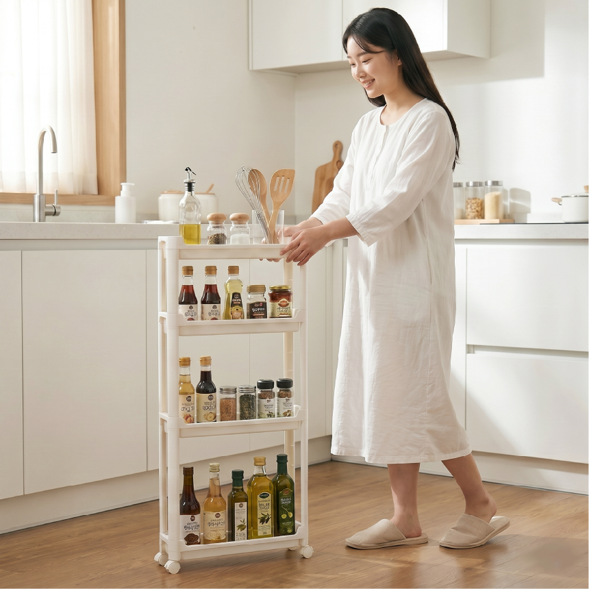 틈새 트롤리 이동식 2단 3단 4단 수납 회전 바퀴달린 슬림 선반 주방 냉장고 침대 세탁실 - 상세 이미지 5