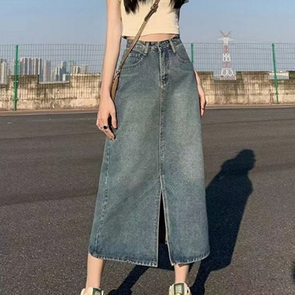 에이라인 롱 데님 스커트 밑단 트임 롱 스커트 캐주얼 데일리 - 상품 이미지
