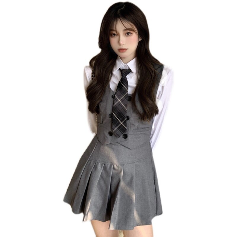프레피룩 졸업사진컨셉 영국교복 스쿨룩 하이틴 여학생 단정한 크롭 더블버튼 브이넥 베스트 - 상품 이미지