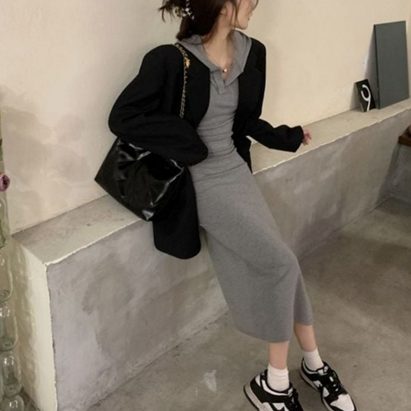 슬림핏 여성 후드 원피스 캐주얼 후드 원피스 데일리 옆트임 - 상품 이미지