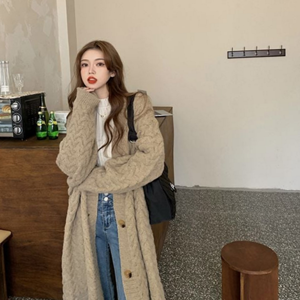 데일리 여성 롱 가디건 꽈배기 여성 니트 가디건 루즈핏 겨울 - 상품 이미지