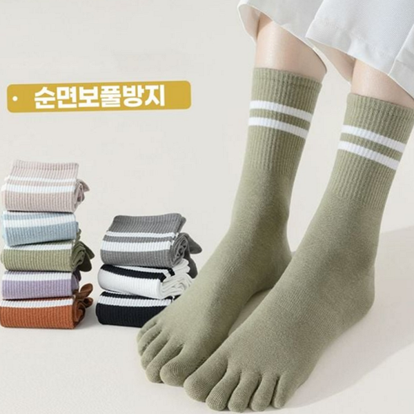 데일리 여성 중목 양말 줄무늬 중목 양말 발가락 보풀 - 상품 이미지