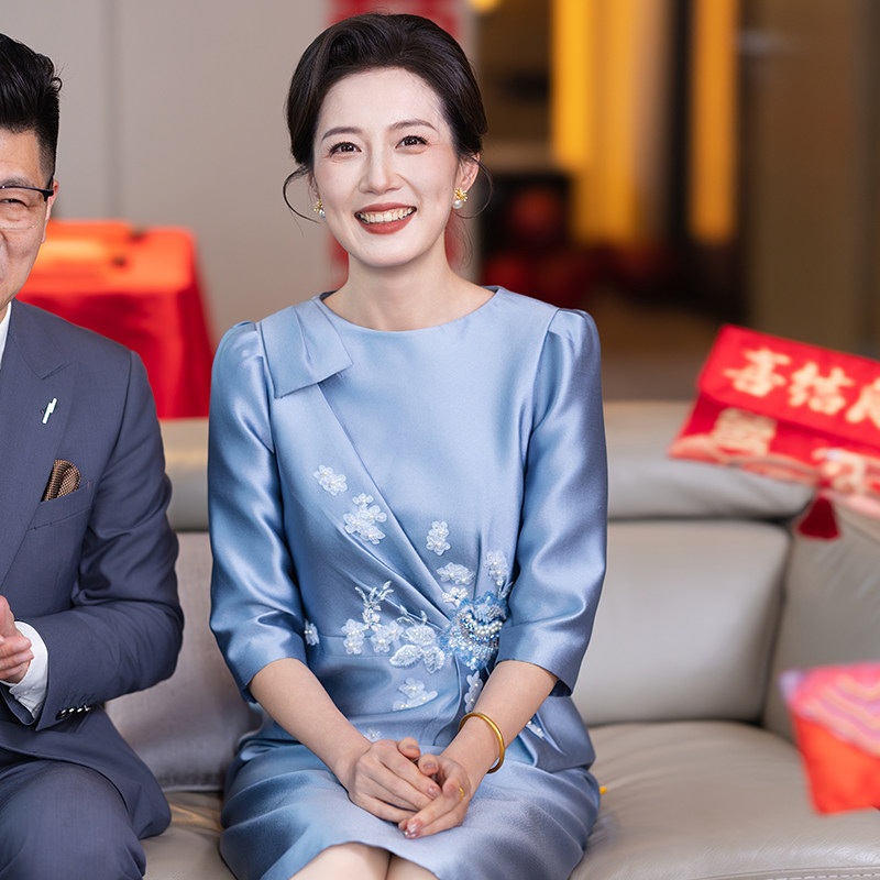 혼주양장 혼주예복 혼주드레스 V넥 칠부소매 슬림 일자핏 고급 실크 블렌드 비즈자수 - 상세 이미지 4