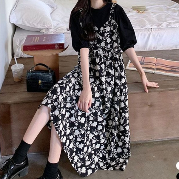 레이어드 여성 뷔스티에 원피스 데일리 여름 플라워 원피스 티셔츠 민소매 - 상품 이미지