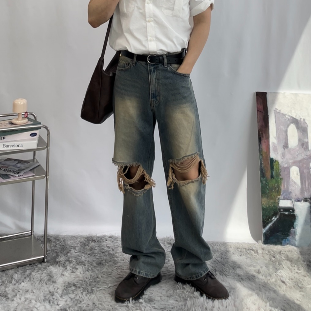 찢청바지 세미와이드 일자 남자 데님팬츠 찢어진 흑청바지 코디 이미지 4