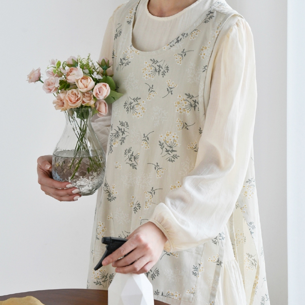 엉덩이가리는앞치마 소창앞치마 철릭 광목 옆주머니 미니 원피스 꽃, 롱 - 상품 이미지