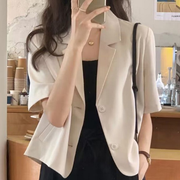 루즈핏 여성 여름 자켓 투버튼 반팔 자켓 데일리 크롭 마이 - 상품 이미지