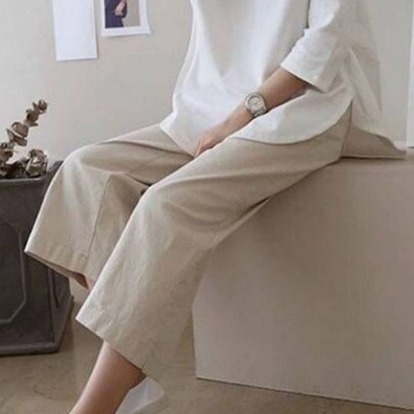 데일리 여성 린넨 바지 통바지 와이드 팬츠 여름 밴딩 - 상품 이미지