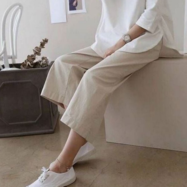 데일리 여성 린넨 바지 밴딩 여성 와이드 팬츠 여름 7부 - 상품 이미지