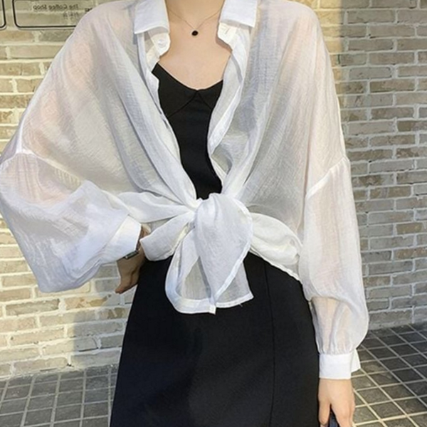 루즈핏 여성 시스루 셔츠 데일리 여성 쉬폰 셔츠 블라우스 여름 - 상품 이미지