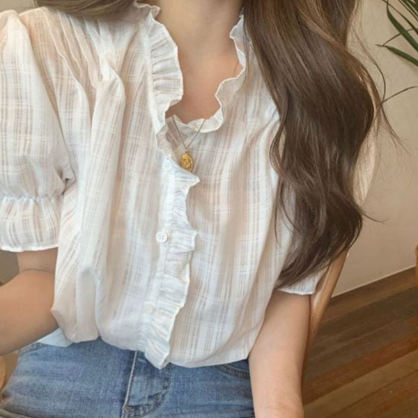 루즈핏 여성 블라우스 얇은 여름 블라우스 데일리 반팔 쉬폰 - 상품 이미지