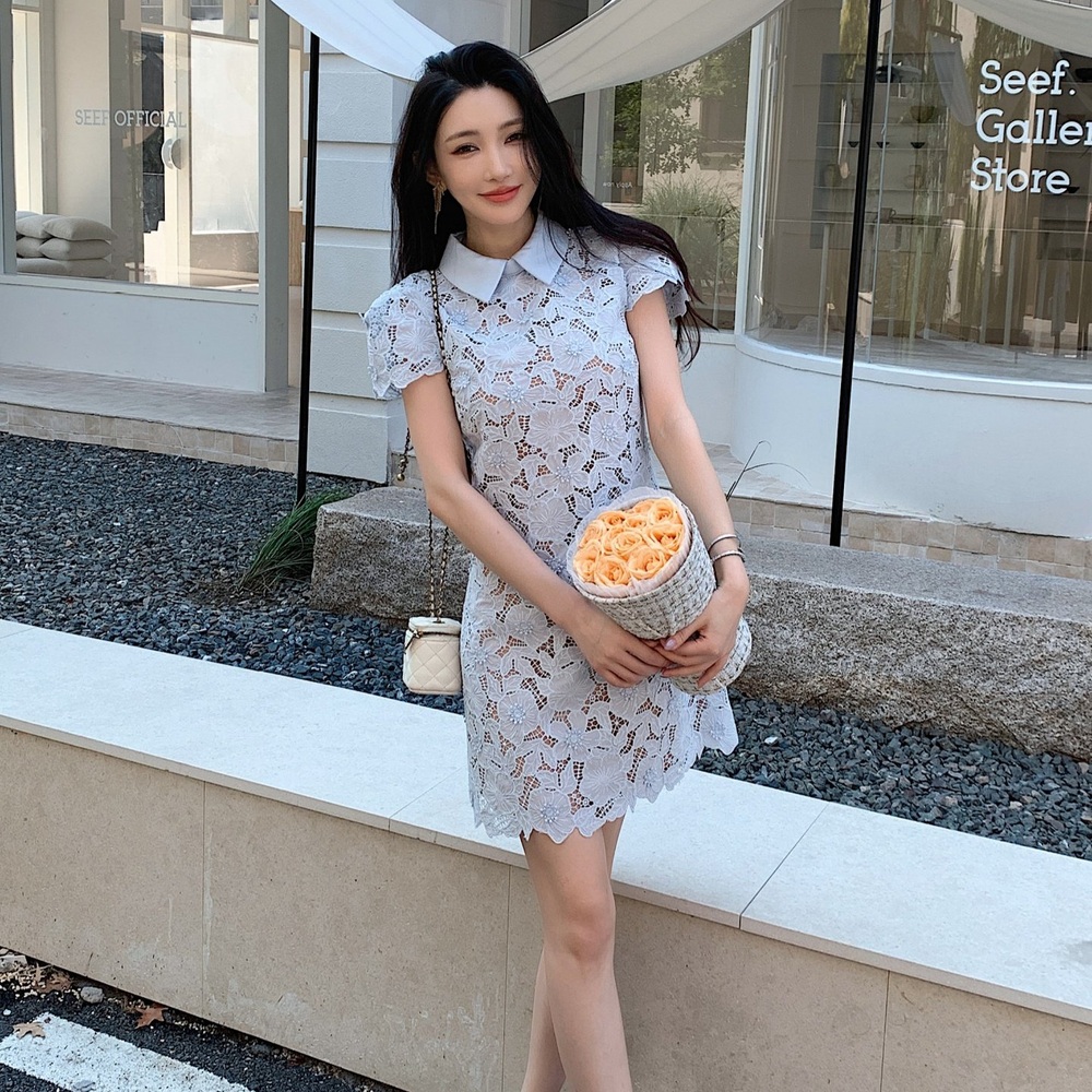 롱 레이스 원피스 고급스러운 카라 벨트 슬림핏 머메이드 하객룩 학부모모임 데이트룩 격식룩 - 상품 이미지