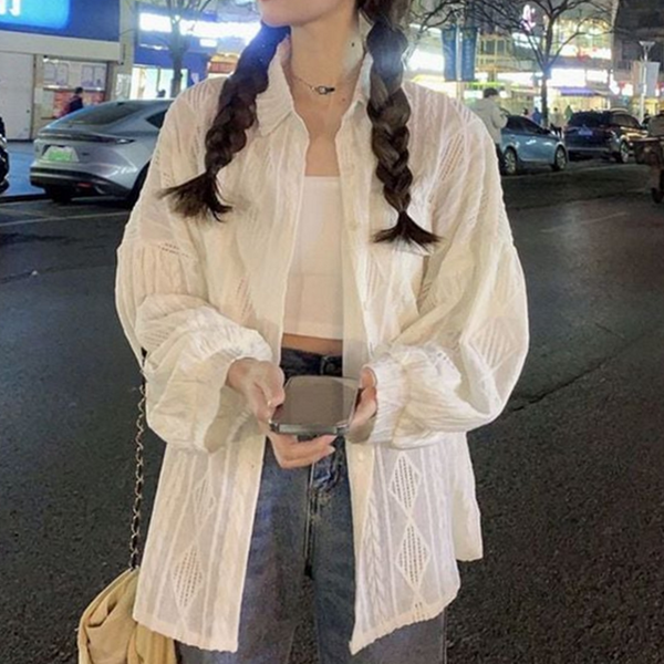 시스루 여성 펀칭 셔츠 오버핏 여성 루즈핏 셔츠 간절기 여름 - 상품 이미지