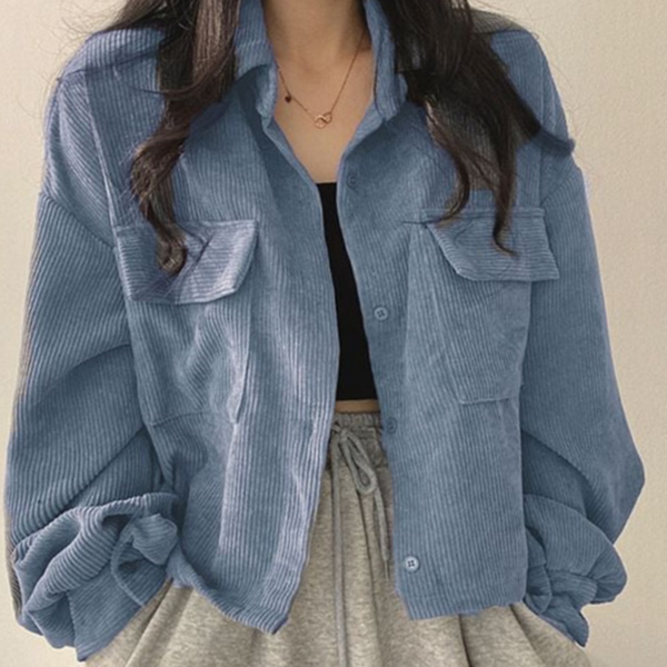 오버핏 여성 코듀로이 셔츠 스트링 여성 크롭 셔츠 데일리 - 상품 이미지
