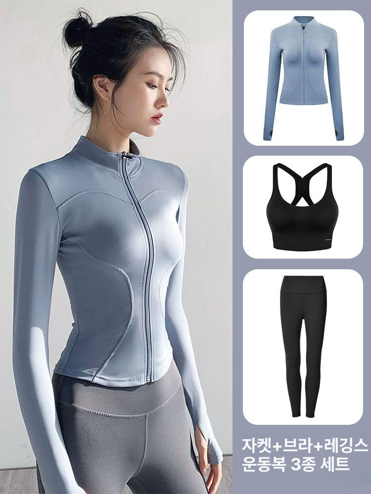여성 세트 운동복 러닝 트레이닝 긴팔 상하의 쓰리피스 블랙 블랙 브라 진회색 M - 상세 이미지 4