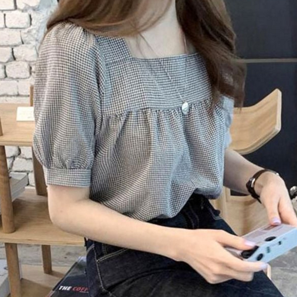 체크 여성 스퀘어넥 블라우스 반팔 스퀘어넥 셔츠 루즈핏 여름 - 상품 이미지