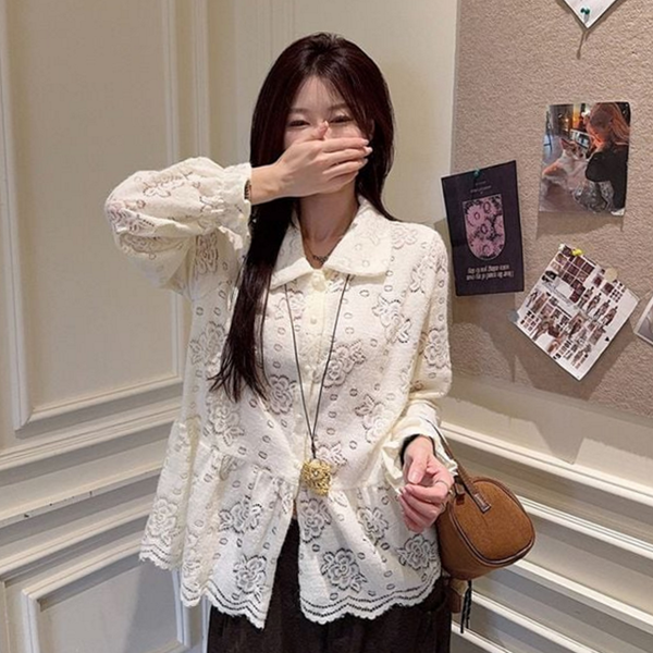 루즈핏 여성 플라워 블라우스 플레어 여성 펀칭 블라우스 데일리 - 상품 이미지