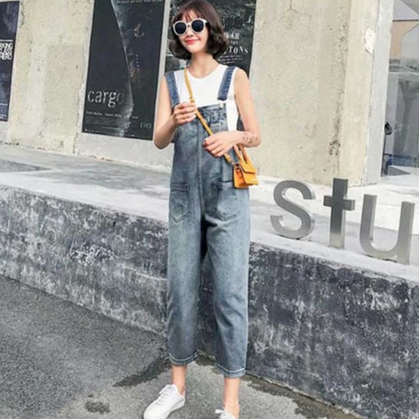연청바지 여성 데님 멜빵 바지 9부 여성 롤업 데님 팬츠 - 상품 이미지